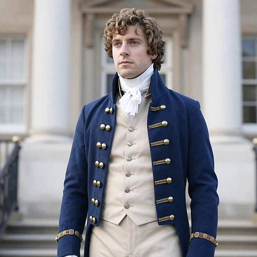 Bridgerton Style Man in Blue Coat and Gold Trimmings Costume