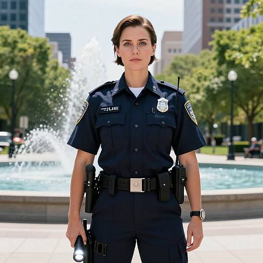 Female Police Officer in Urban Setting with Fountain Background