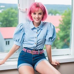 Young Woman with Pink Hair on Windowsill
