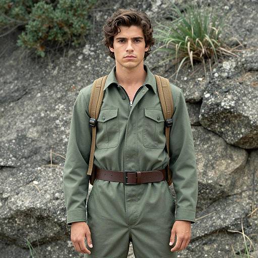 Man in Olive Green Utility Jumpsuit with Backpack Outdoor Portrait