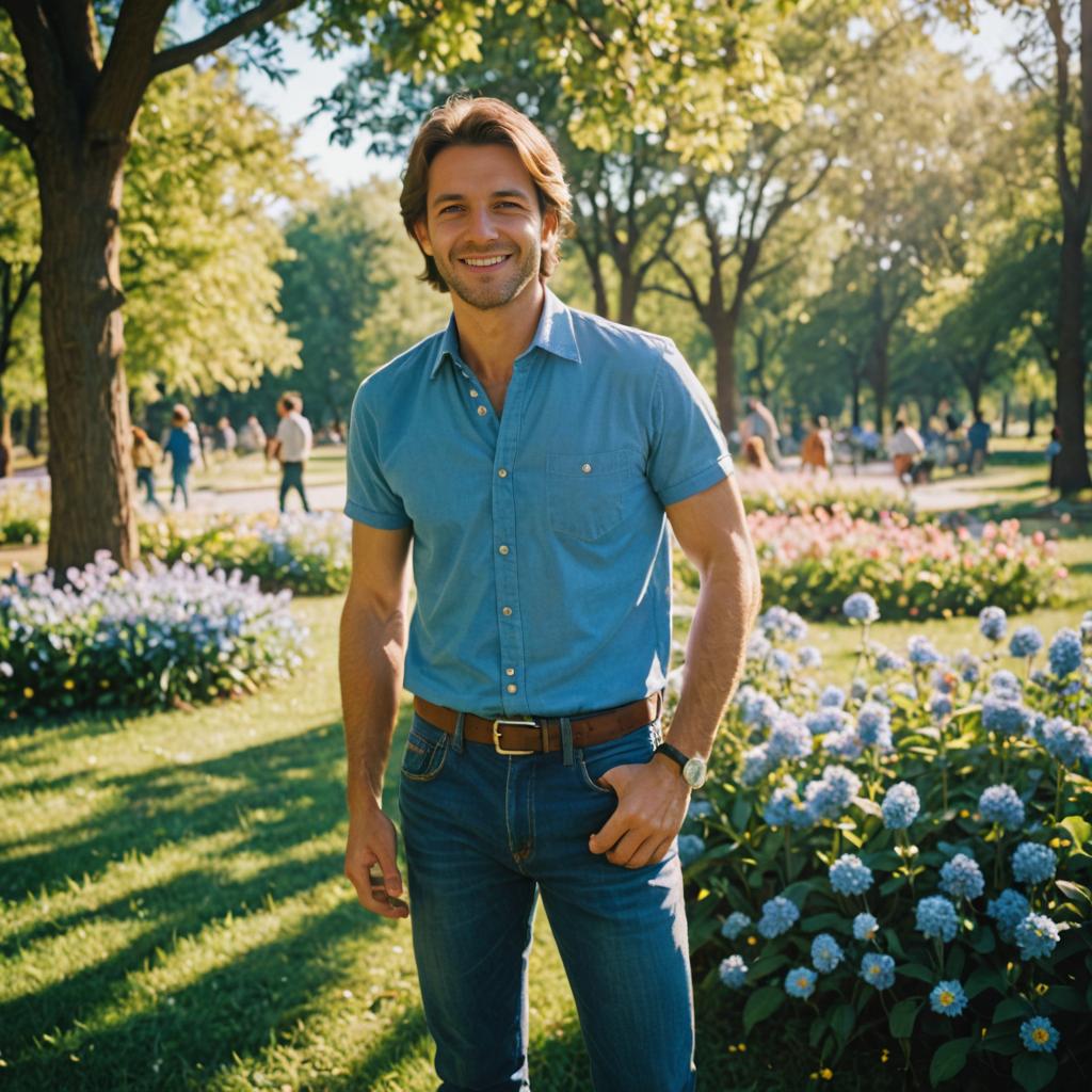 Happy man in sunlit park with blooming flowers