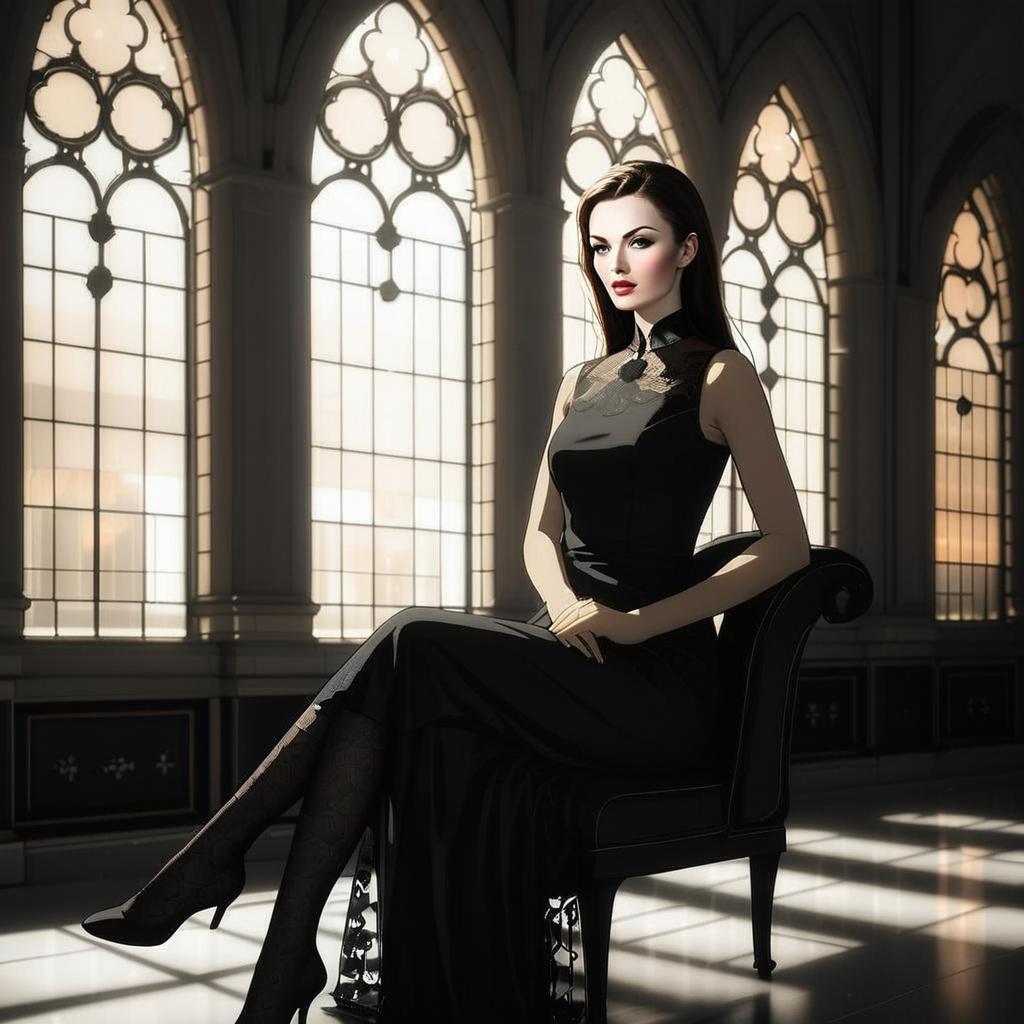 Elegant Woman in Black Gown in Grand Room