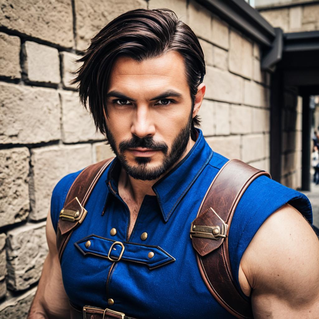 Male Adventurer Portrait in Blue Costume with Leather Straps