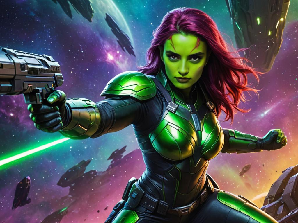 Dynamic Gamora from MCU in Cosmic Backdrop