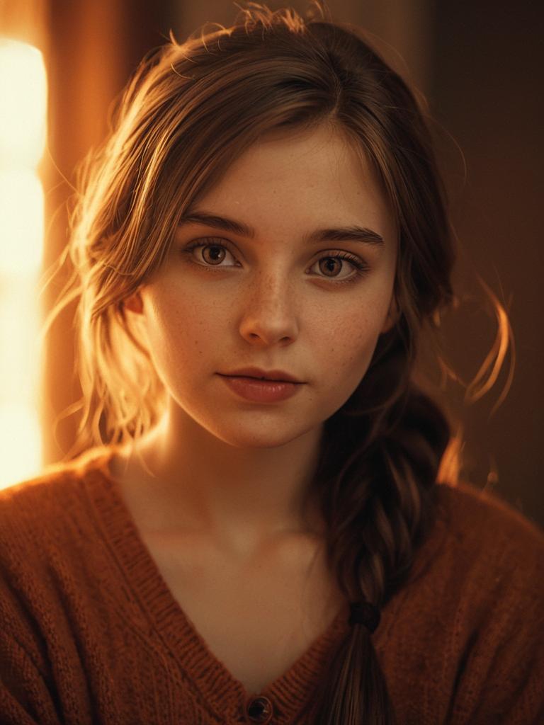 Close-up Portrait of Young Woman with Braided Hair in Warm Light