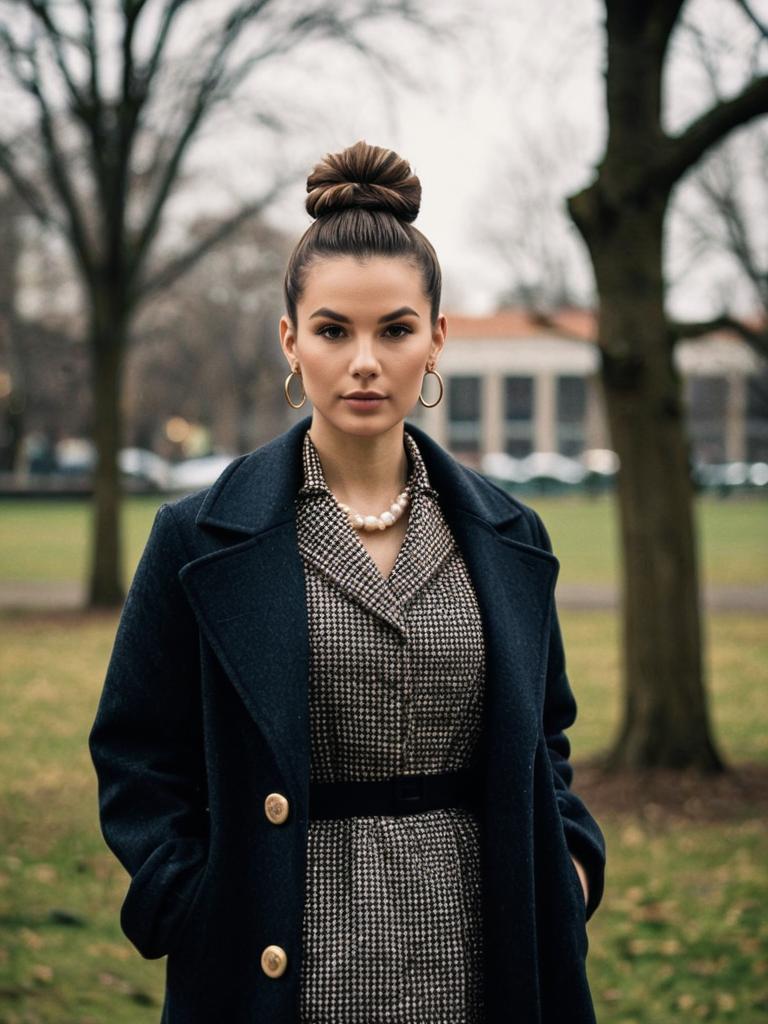 Elegant Woman in Dark Coat and Houndstooth Dress Outdoors