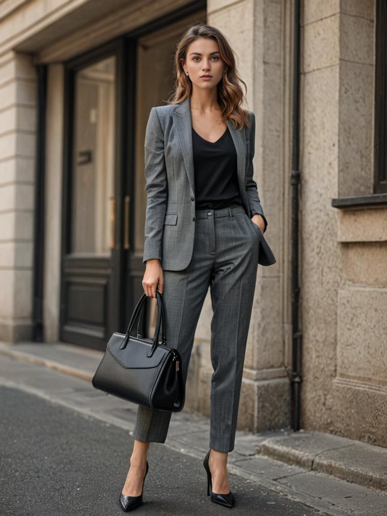 Confident Professional Woman in Gray Suit on City Street