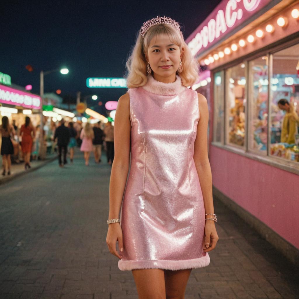 Confident Woman in Shimmering Pink Dress at Night Market