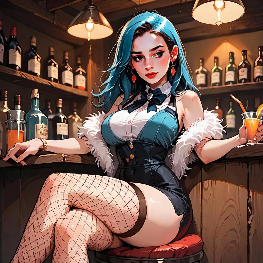 Stylish Blue-Haired Woman Sitting in Vintage Bar Anime Artwork
