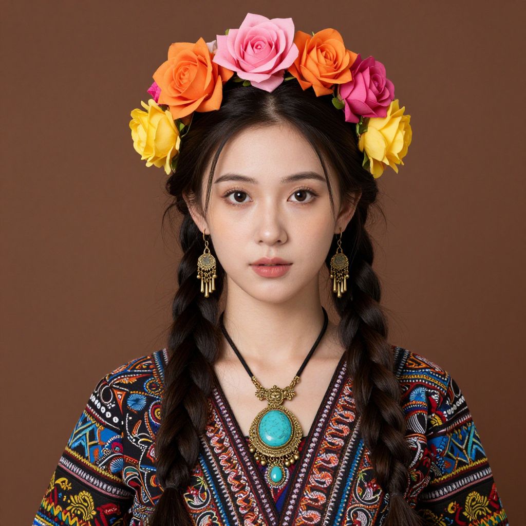 Portrait of Woman Wearing Floral Crown and Ethnic Jewelry in Colorful Dress