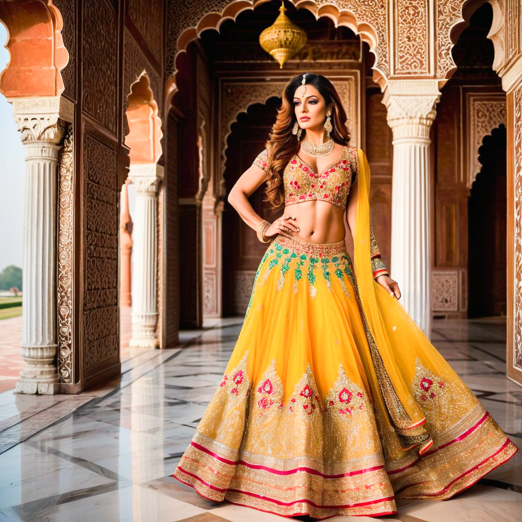 Elegant Woman in Yellow Lehenga with Historic Backdrop