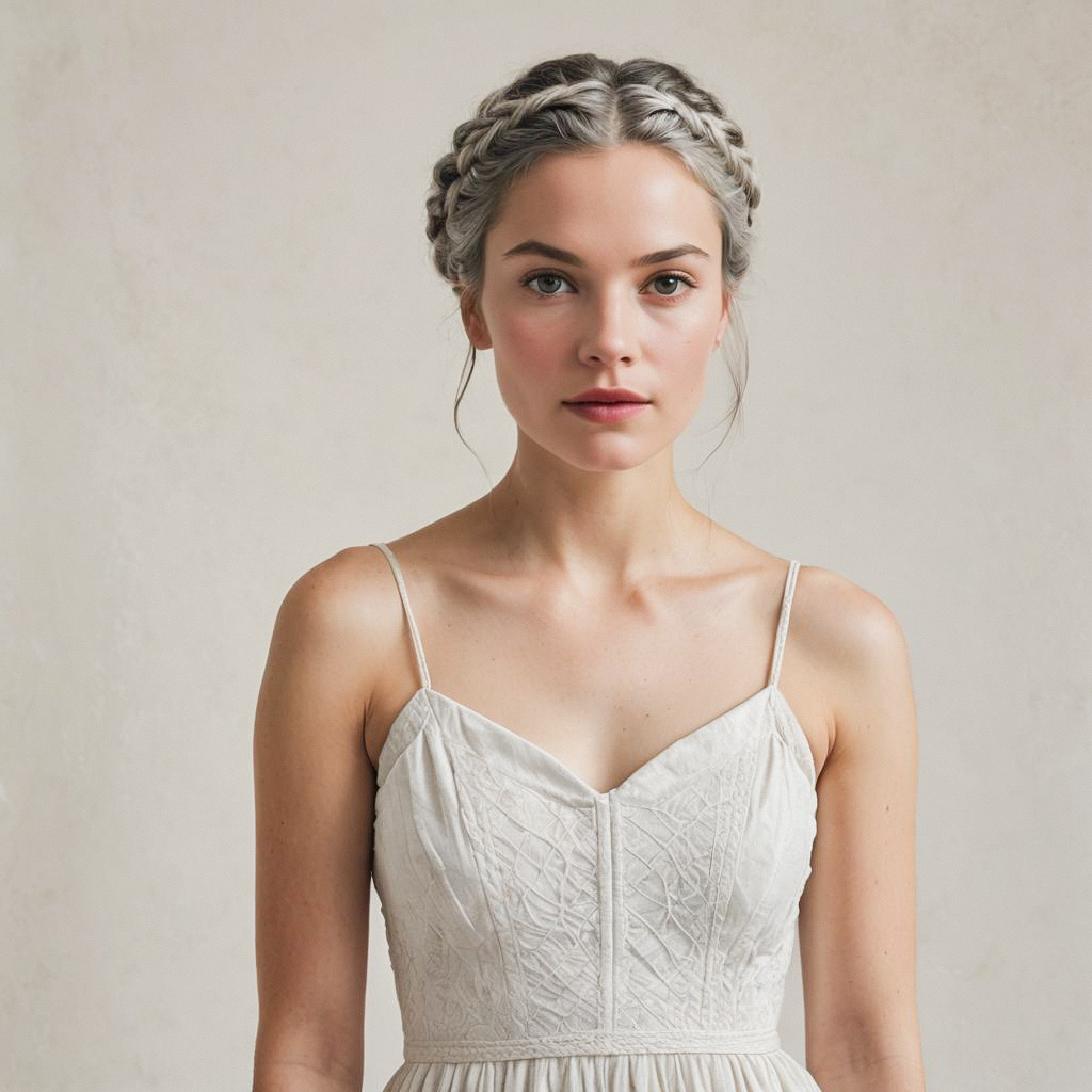 Young Woman with Silver Braids in White Dress Young Woman with Silver Braids in White Dress