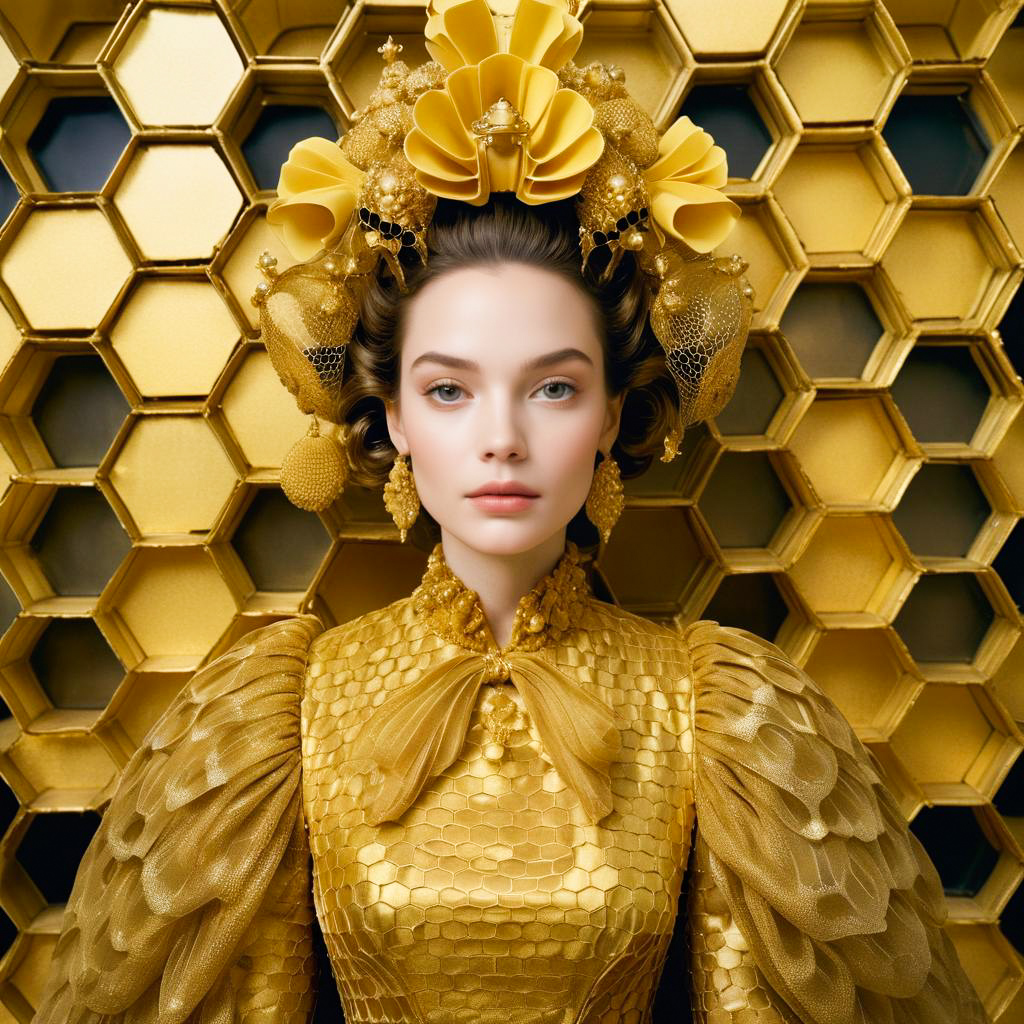 Woman in Golden Outfit with Floral Hair and Honeycomb Background