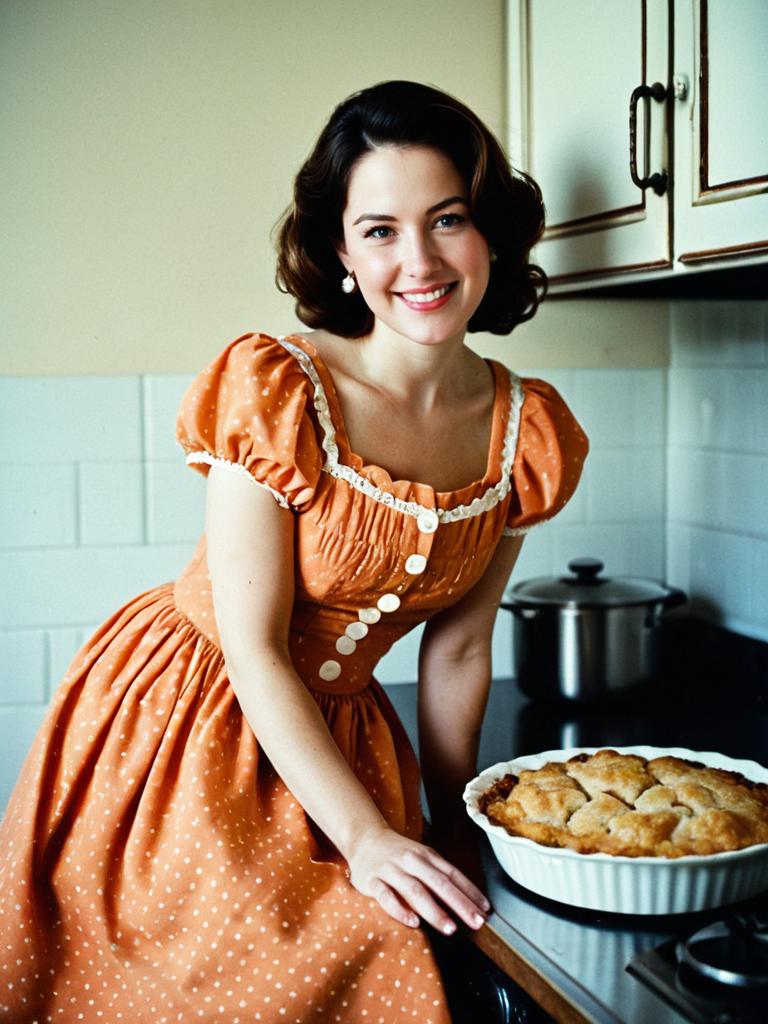 Vintage Woman in Orange Dress with Freshly Baked Pie in Kitchen
