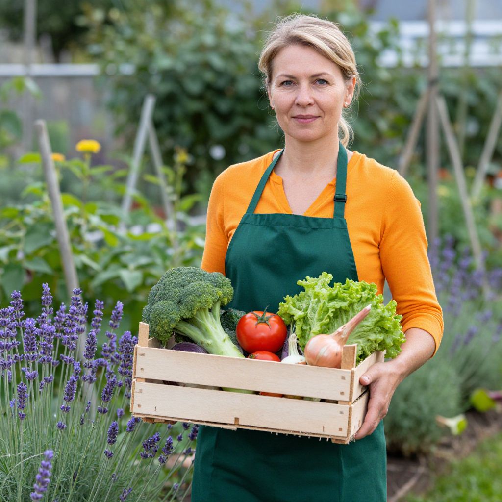 Woman Holding Fresh Vegetables in Garden with Green Apron