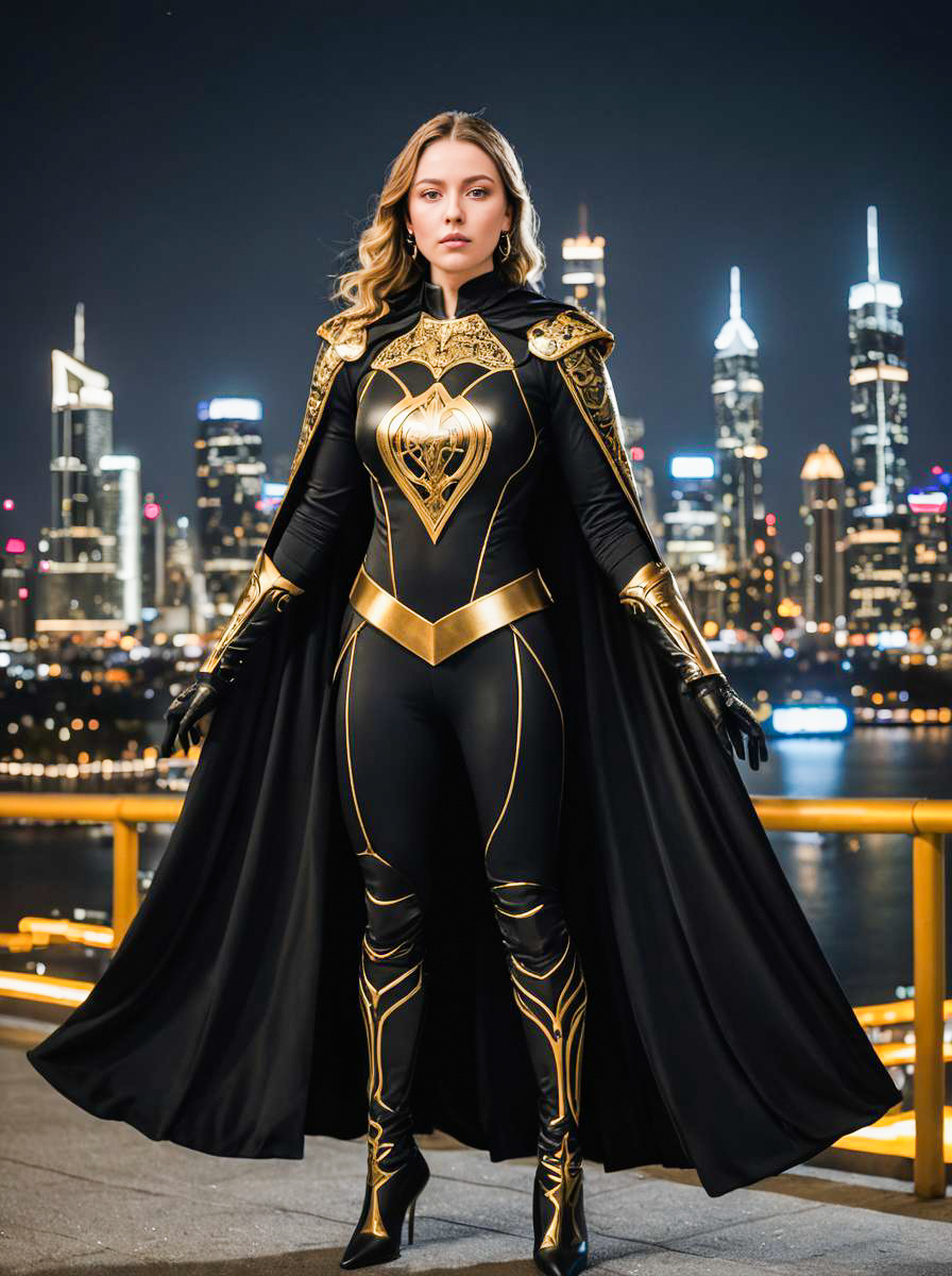 Striking Woman in Black and Gold Costume Against City Skyline