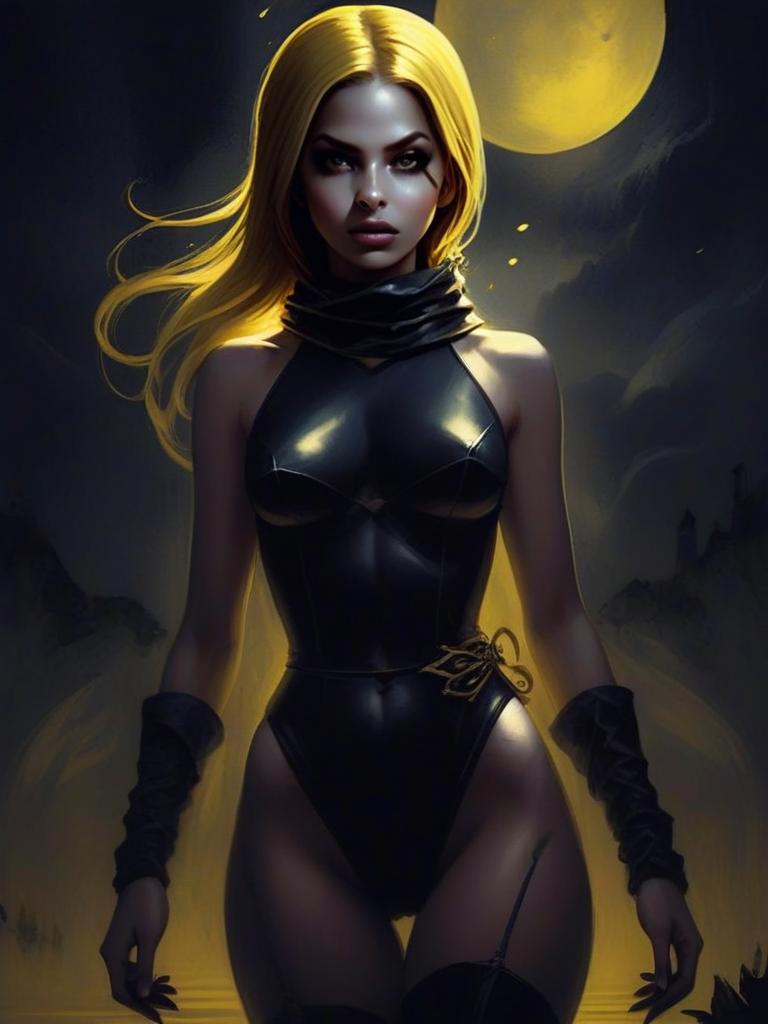 Confident Woman in Black Bodysuit Against Moonlit Background