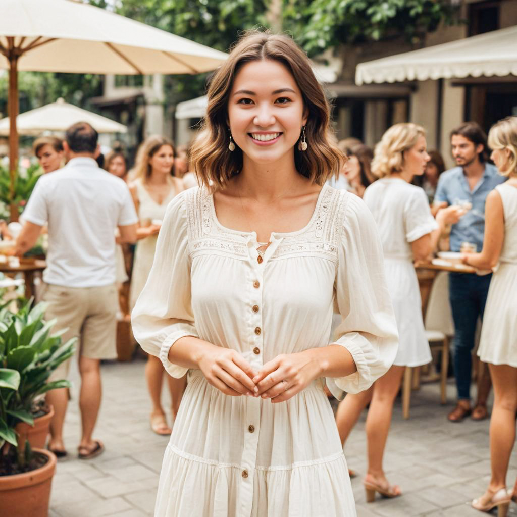 Cheerful Woman at Outdoor Café Gathering