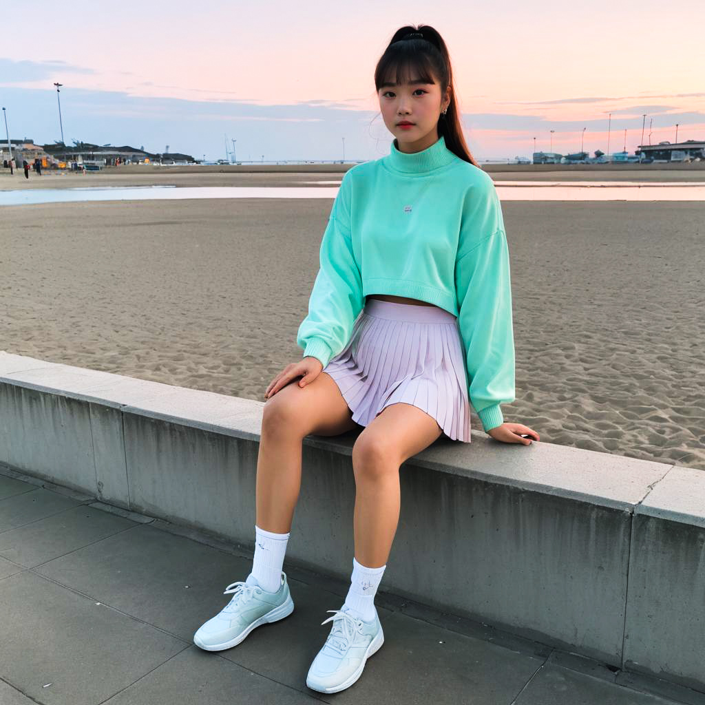 Young Woman in Mint Green Sweatshirt at Sunset Beach