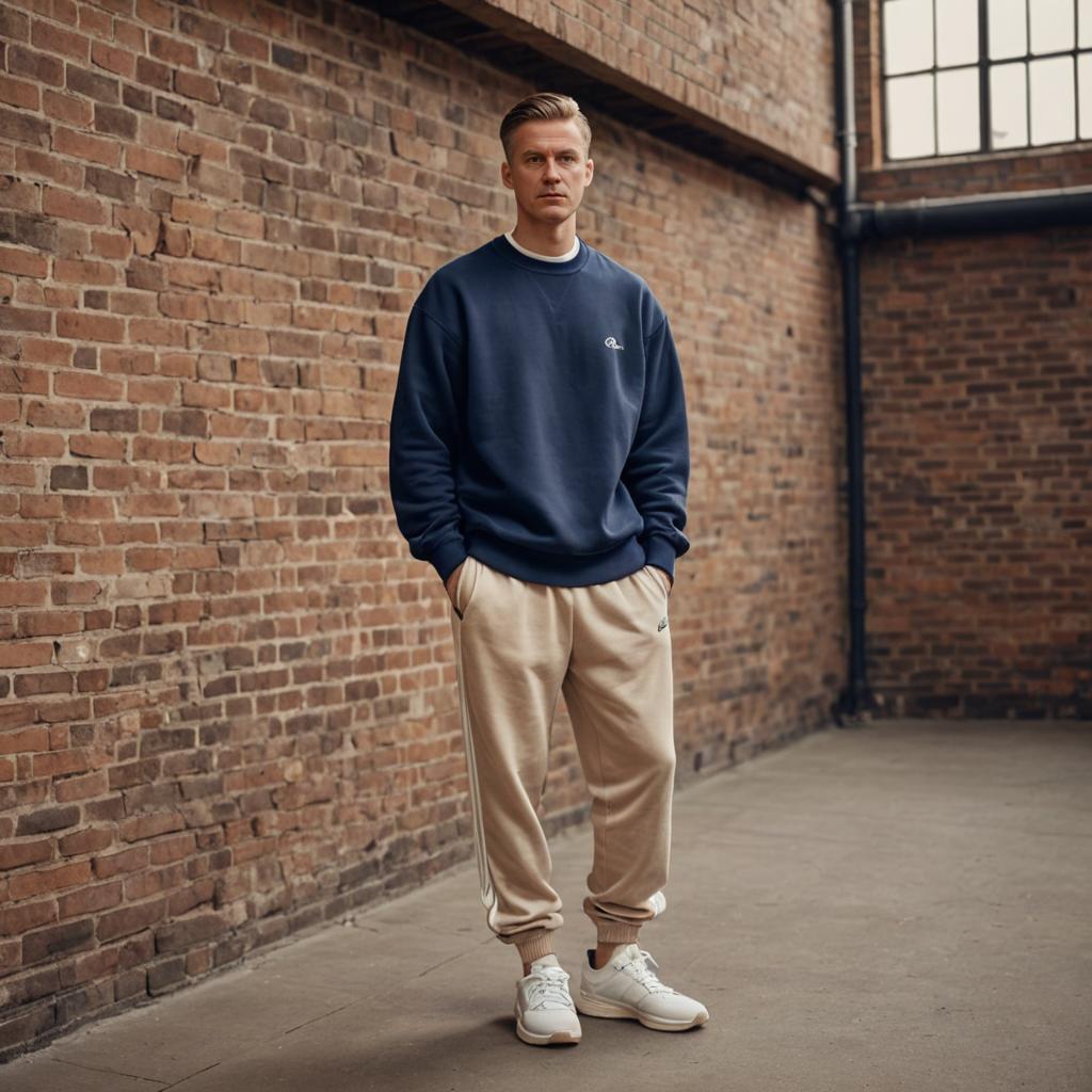 Stylish Man in Casual Neutral Outfit Against Brick Wall