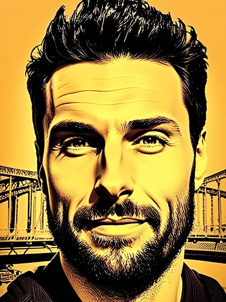 Bearded Man Portrait with Urban Bridge