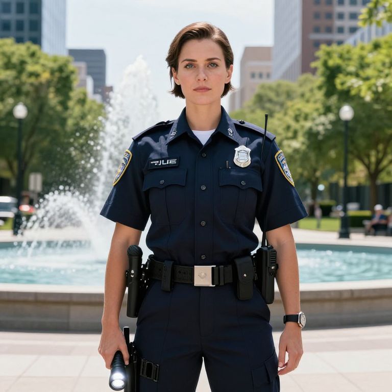 Female Police Officer in Urban Setting with Fountain Background