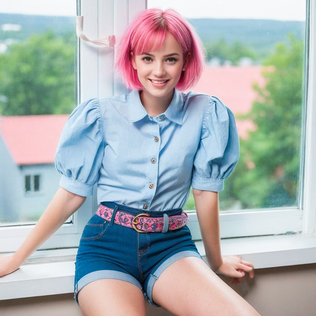 Young Woman with Pink Hair on Windowsill Young Woman with Pink Hair on Windowsill