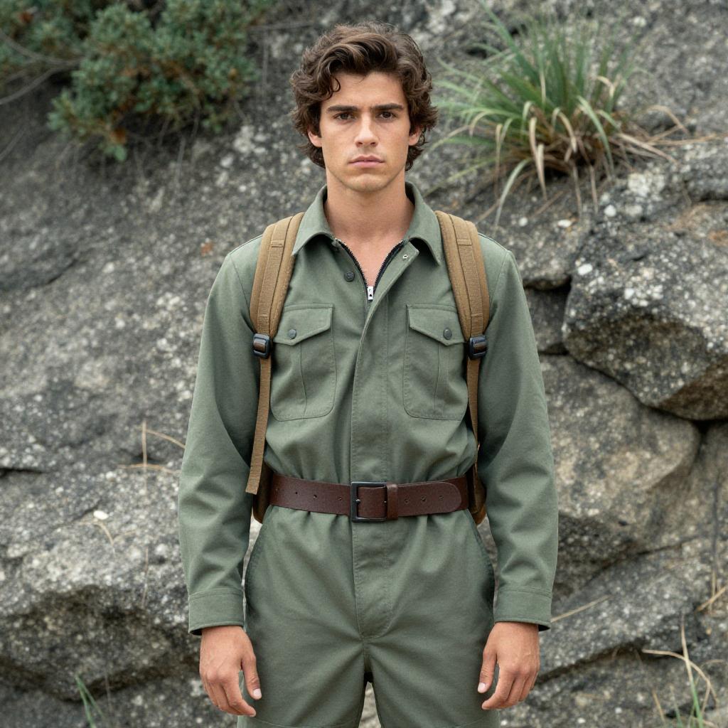 Man in Olive Green Utility Jumpsuit with Backpack Outdoor Portrait