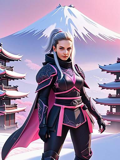 Futuristic Samurai Woman in Armor with Japanese Pagodas and Mountain Background