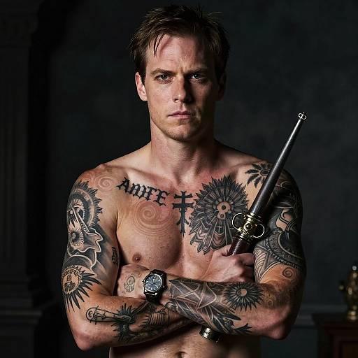 Tattooed Man Holding Sword with Serious Expression in Dramatic Lighting
