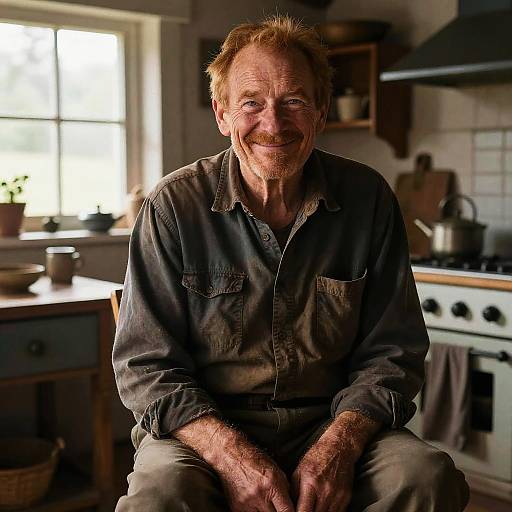 Smiling Elderly Man Sitting in Rustic Kitchen