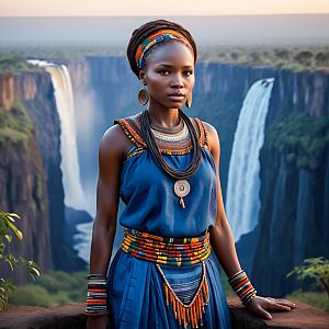 Woman in Traditional Attire by Waterfall at Dusk