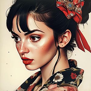 Portrait of a Young Woman with Red Lips and Floral Garment