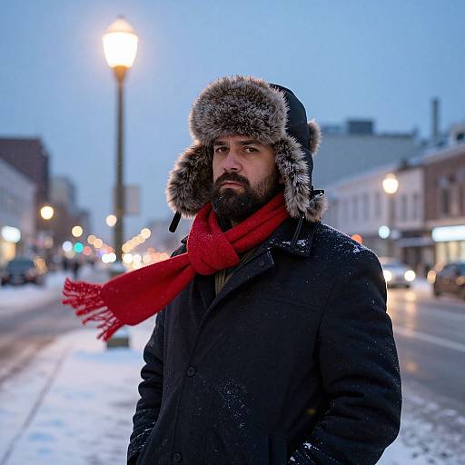 Man Wearing Warm Trapper Hat and Red Scarf on Snowy Evening Street