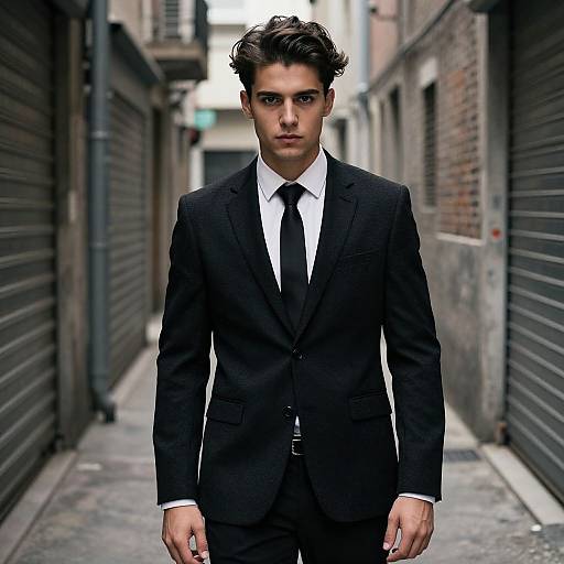 Confident Young Man in Black Suit Standing in Urban Alleyway