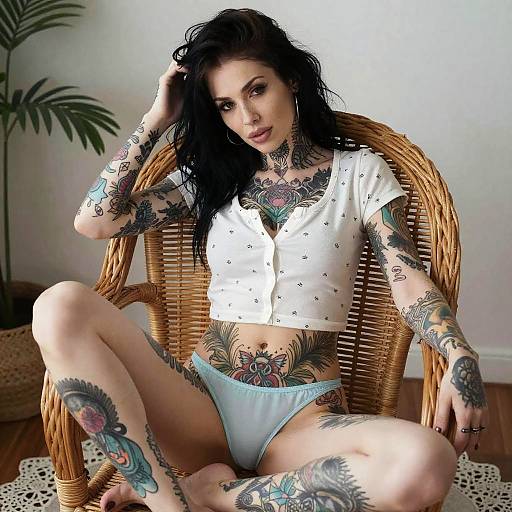 Tattooed Woman Sitting in Wicker Chair with White Crop Top and Light Blue Underwear
