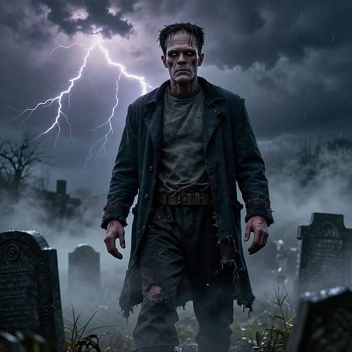 Frankenstein Monster in Stormy Foggy Graveyard with Lightning