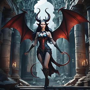 Dark Fantasy Woman with Red Wings in Ancient Ruins