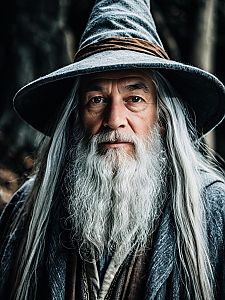 Photorealistic Dramatic Wizard Man in Gandalf Costume Cosplay Portrait