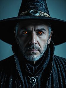 Man in Modern Witch Costume with Glowing Orange Eyes Close-Up