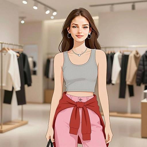 Stylish Woman Smiling in Casual Streetwear in Modern Clothing Store Illustration
