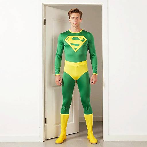 Man in Green and Yellow Superhero Costume with S Emblem