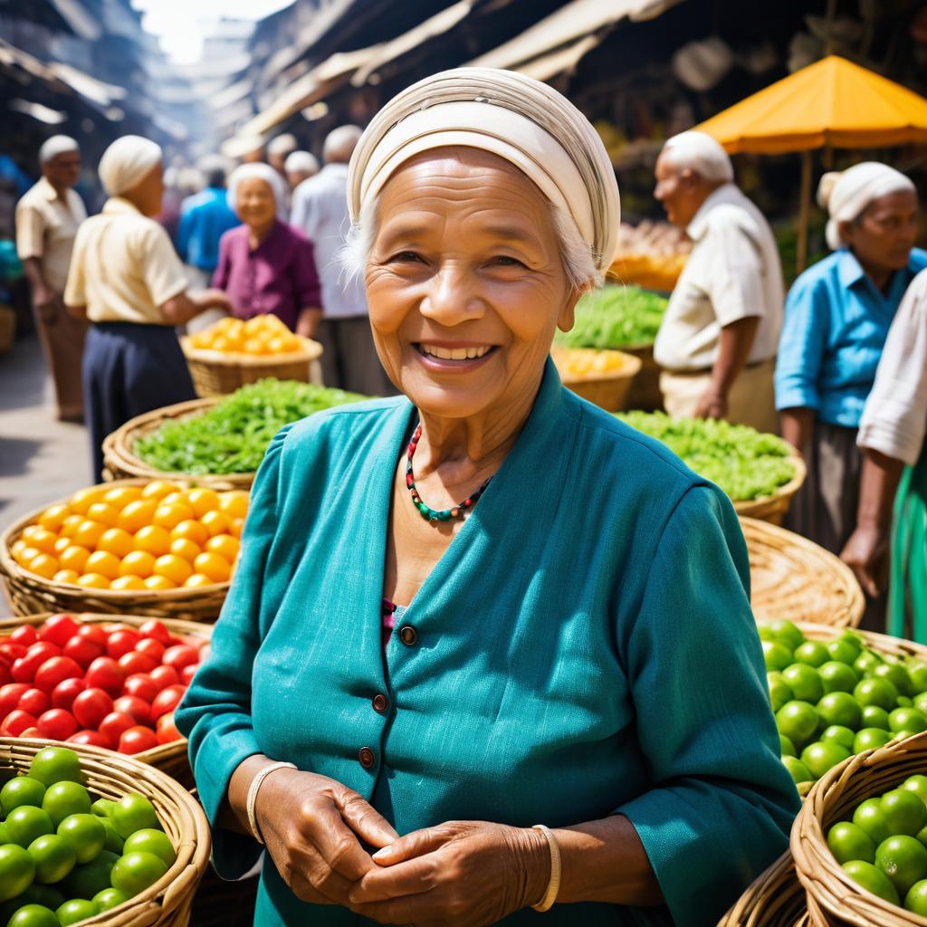 Cheerful Elderly Woman in Market