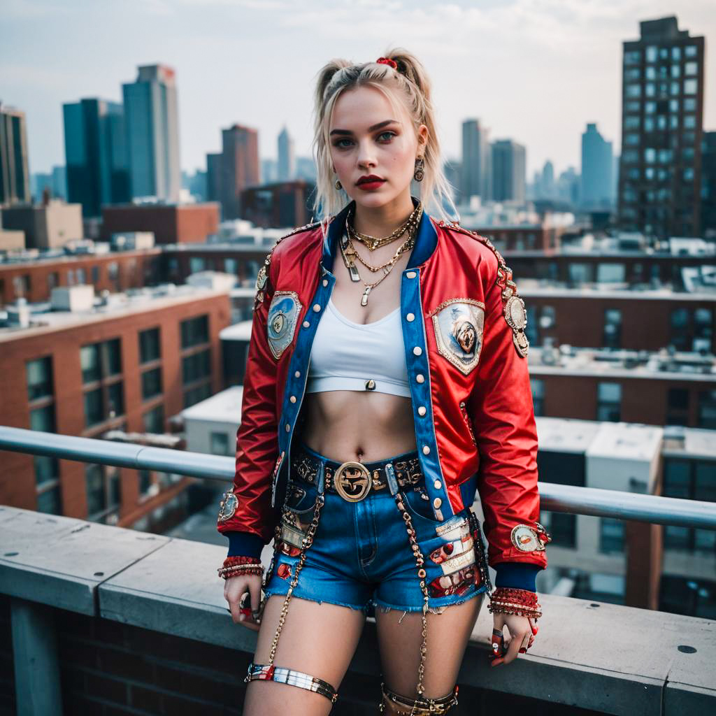Fashionable Woman in Red Varsity Jacket and Denim Shorts on Urban Rooftop