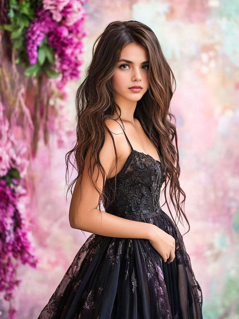 Elegant Woman in Black Dress with Floral Backdrop