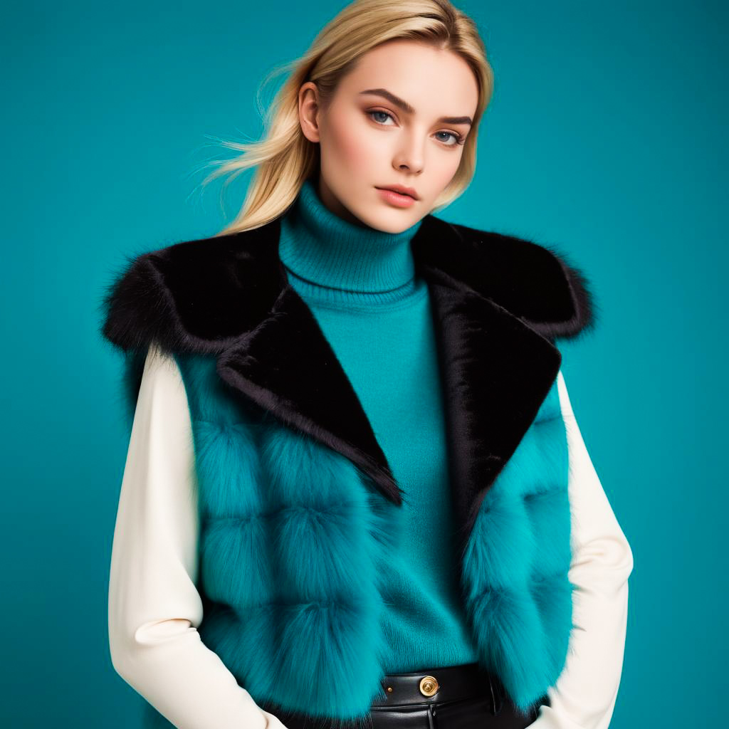 Elegant Woman in Fur Vest Against Teal Background