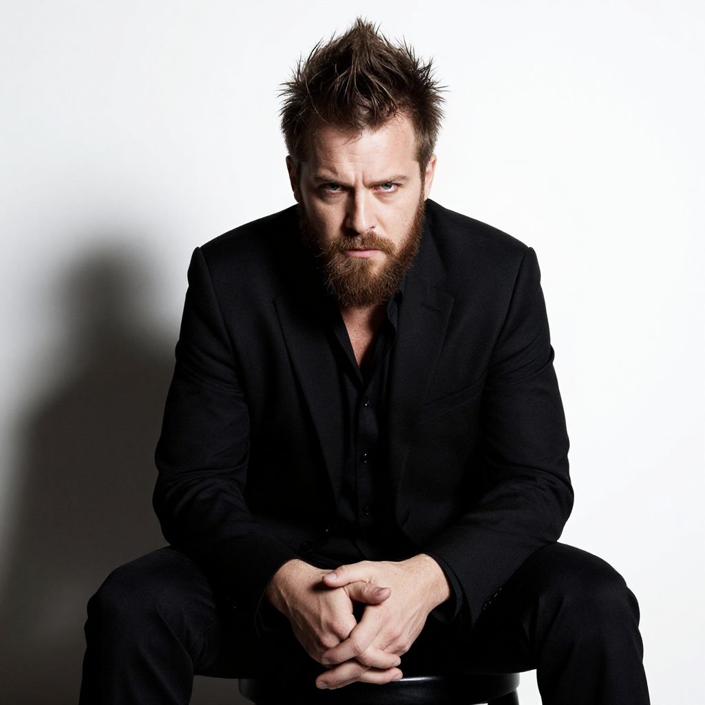 Serious Bearded Man in Black Suit Sitting on Stool