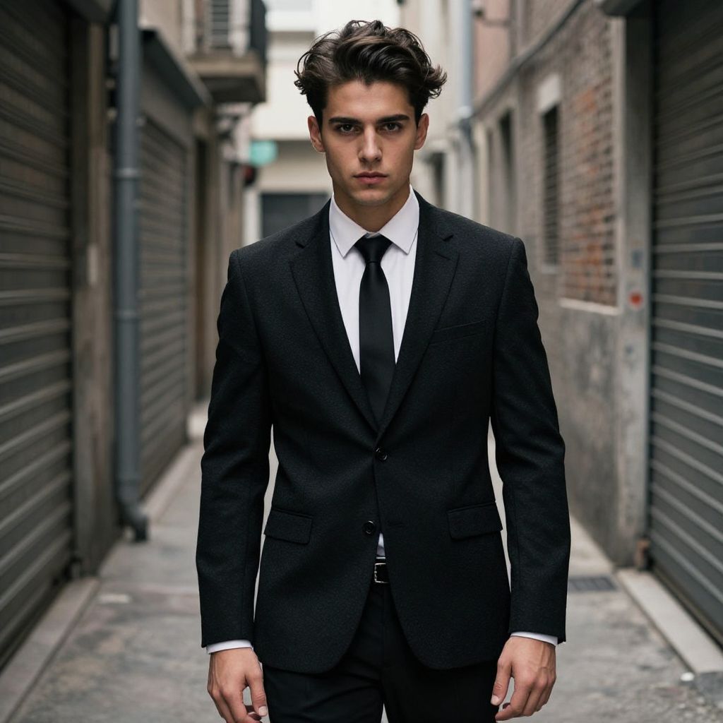 Confident Young Man in Black Suit Standing in Urban Alleyway