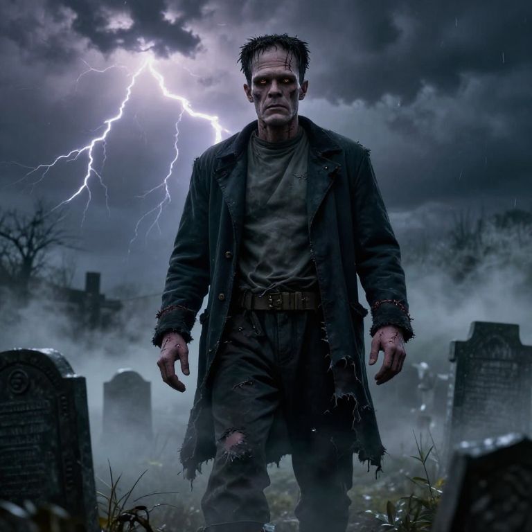 Frankenstein Monster in Stormy Foggy Graveyard with Lightning