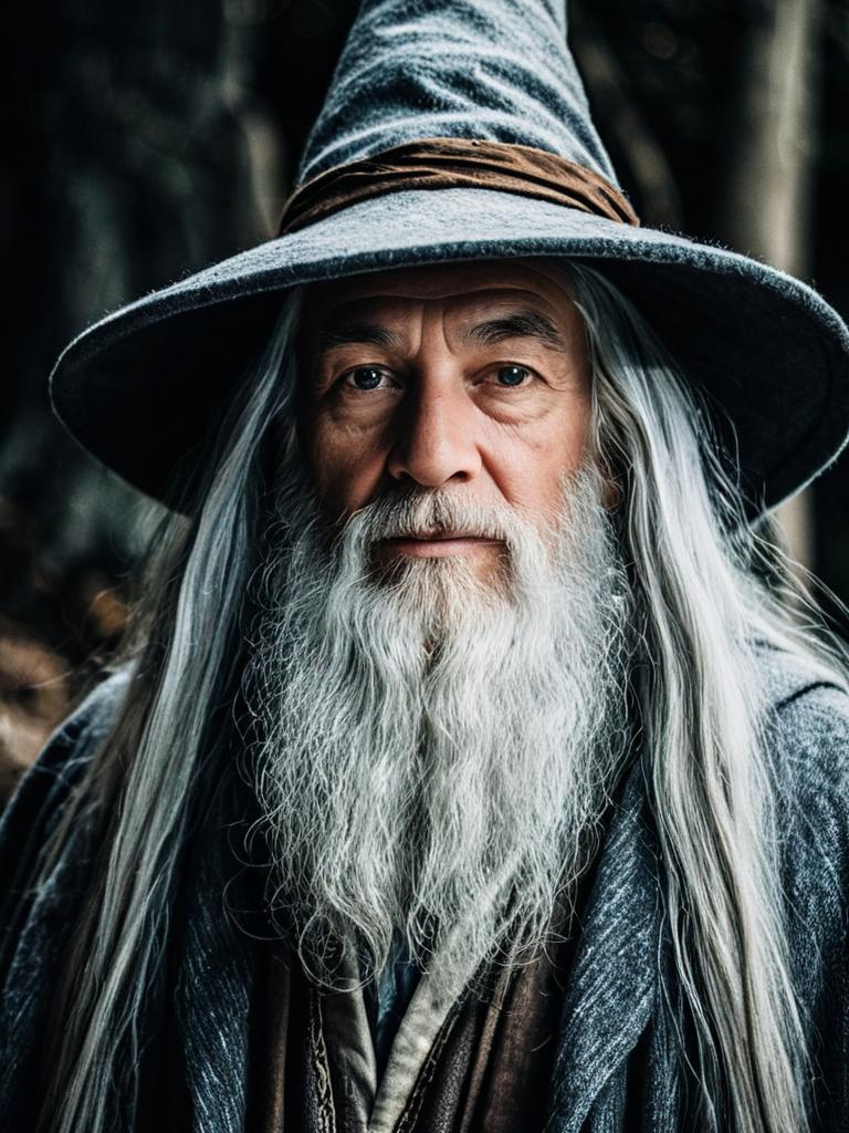Photorealistic Dramatic Wizard Man in Gandalf Costume Cosplay Portrait